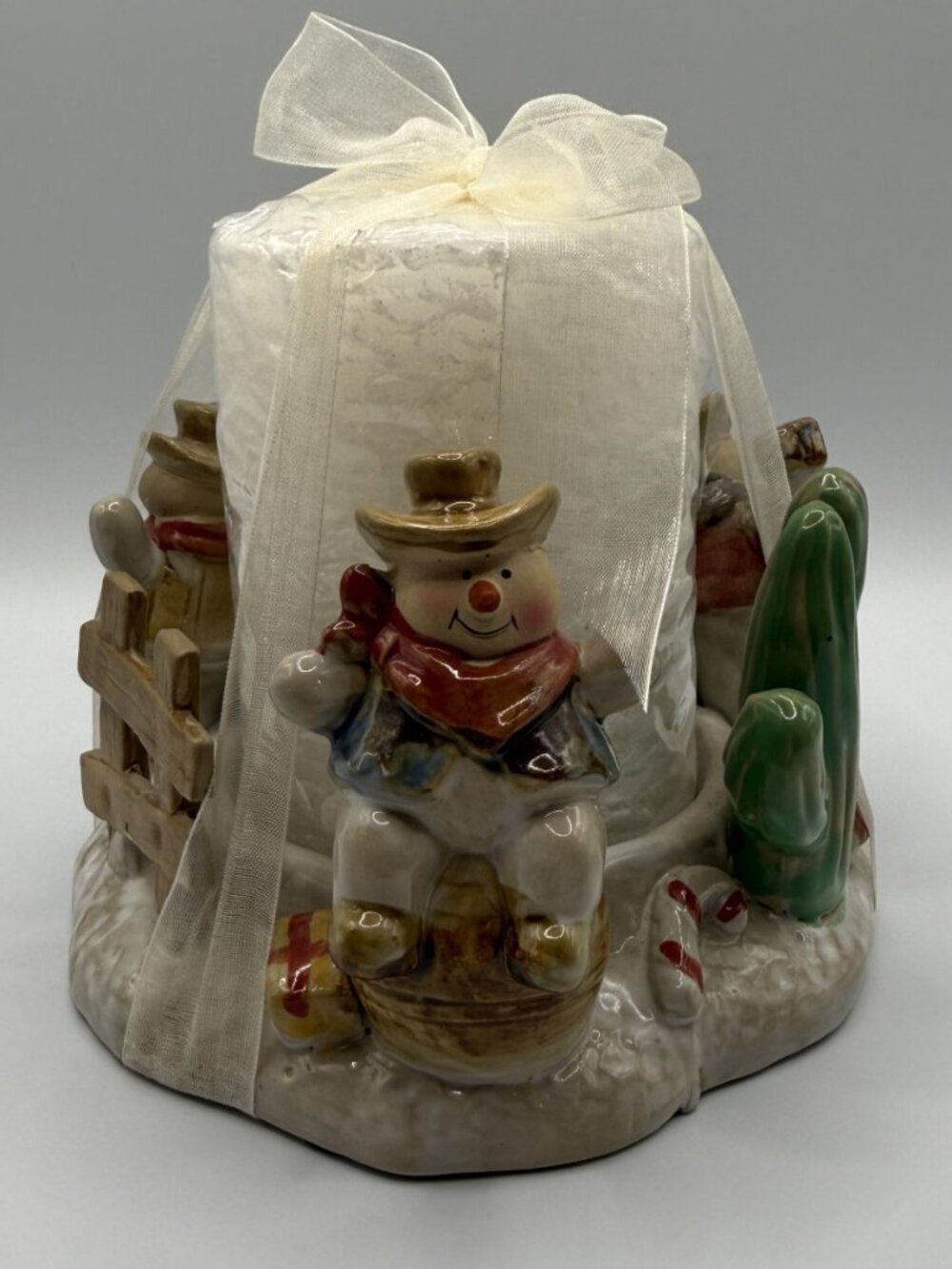VTG Retired 'Happy Trails' Cowboy Snowman Ceramic Candle Holder